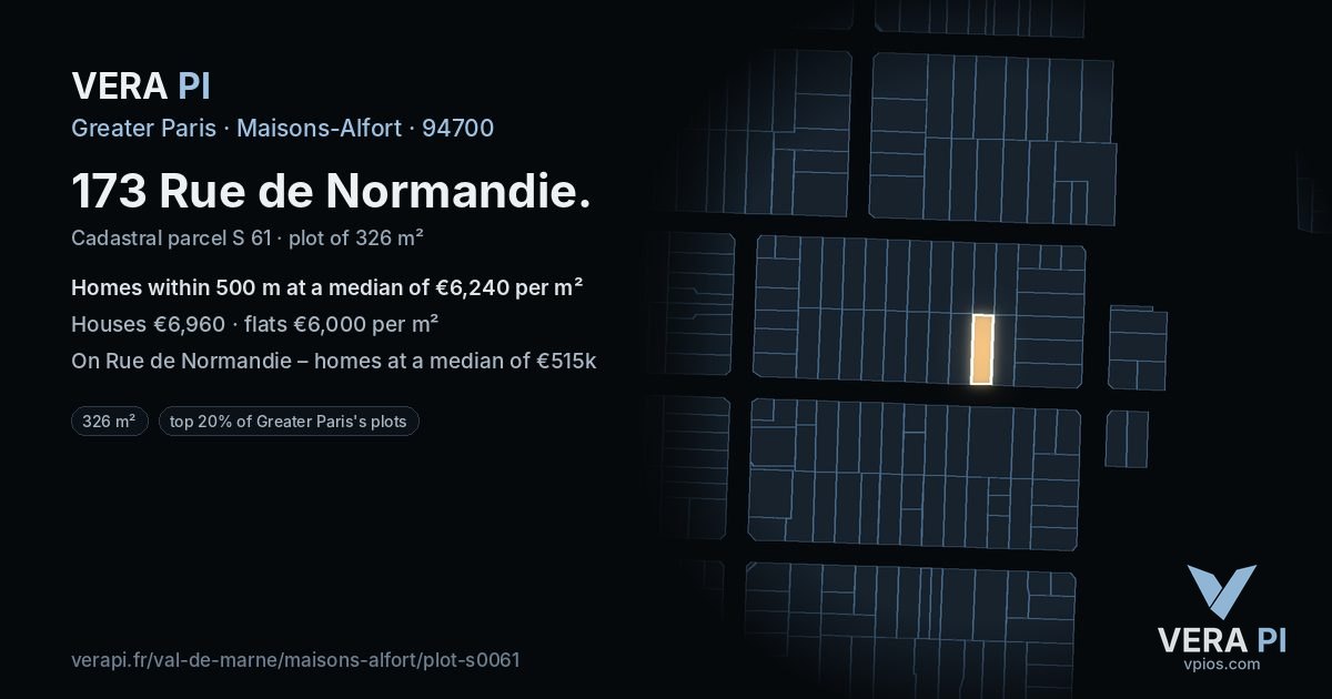 173 Rue de Normandie, Maisons-Alfort at night – the plot lit, the parcels around coloured by the prices near them