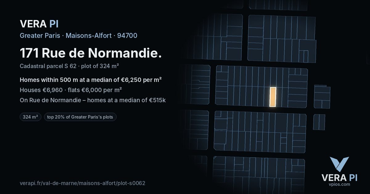 171 Rue de Normandie, Maisons-Alfort at night – the plot lit, the parcels around coloured by the prices near them