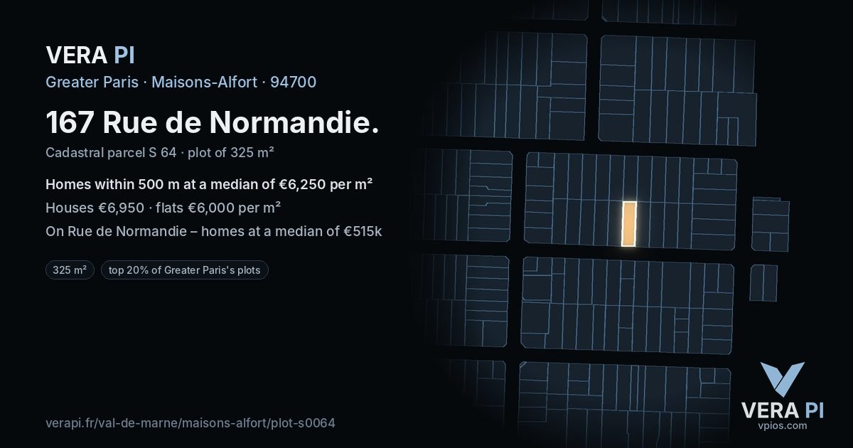 167 Rue de Normandie, Maisons-Alfort at night – the plot lit, the parcels around coloured by the prices near them
