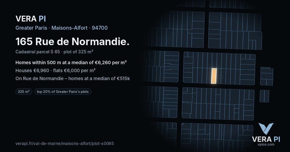 165 Rue de Normandie, Maisons-Alfort at night – the plot lit, the parcels around coloured by the prices near them