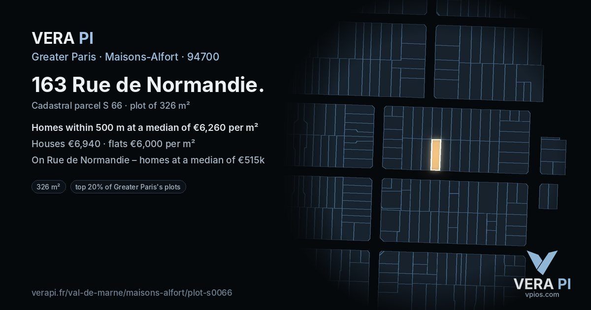 163 Rue de Normandie, Maisons-Alfort at night – the plot lit, the parcels around coloured by the prices near them