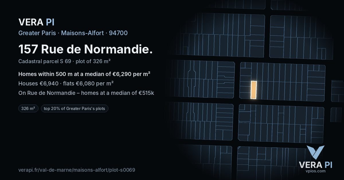 157 Rue de Normandie, Maisons-Alfort at night – the plot lit, the parcels around coloured by the prices near them