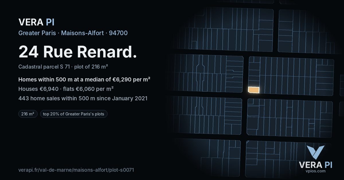 24 Rue Renard, Maisons-Alfort at night – the plot lit, the parcels around coloured by the prices near them