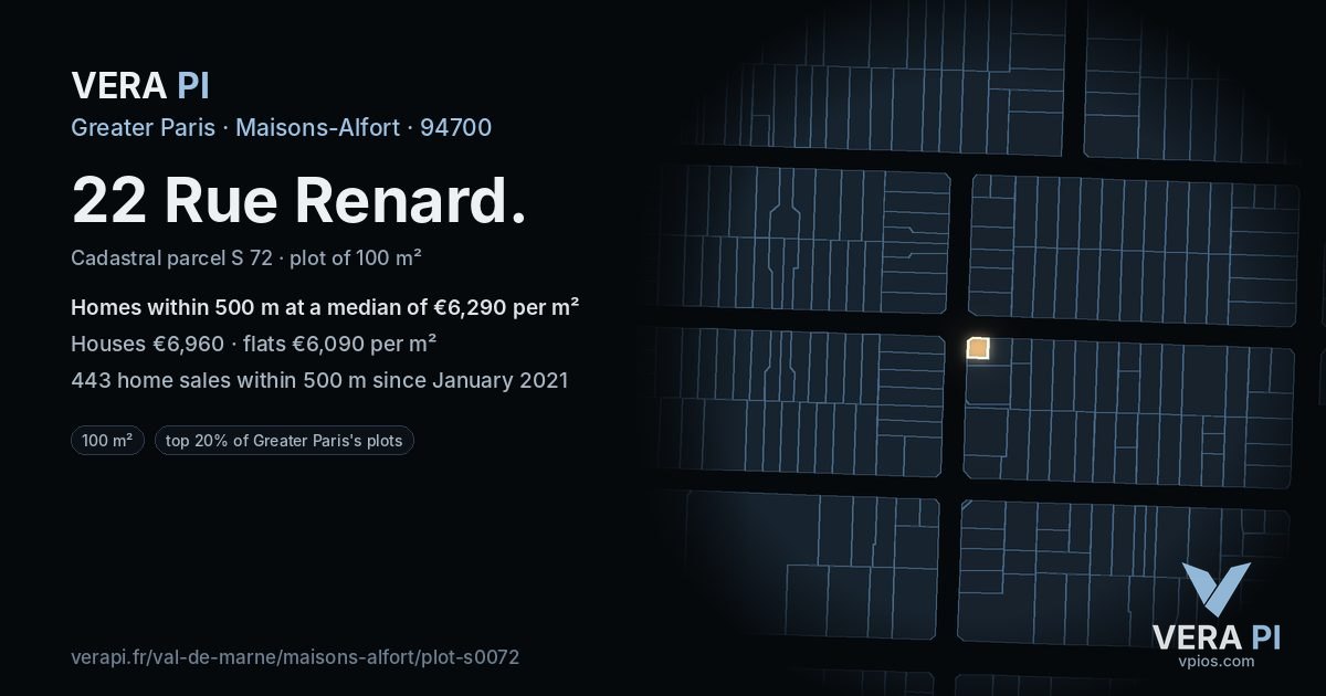 22 Rue Renard, Maisons-Alfort at night – the plot lit, the parcels around coloured by the prices near them