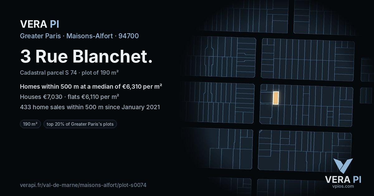 3 Rue Blanchet, Maisons-Alfort at night – the plot lit, the parcels around coloured by the prices near them
