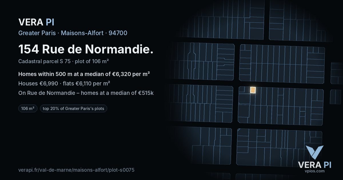 154 Rue de Normandie, Maisons-Alfort at night – the plot lit, the parcels around coloured by the prices near them