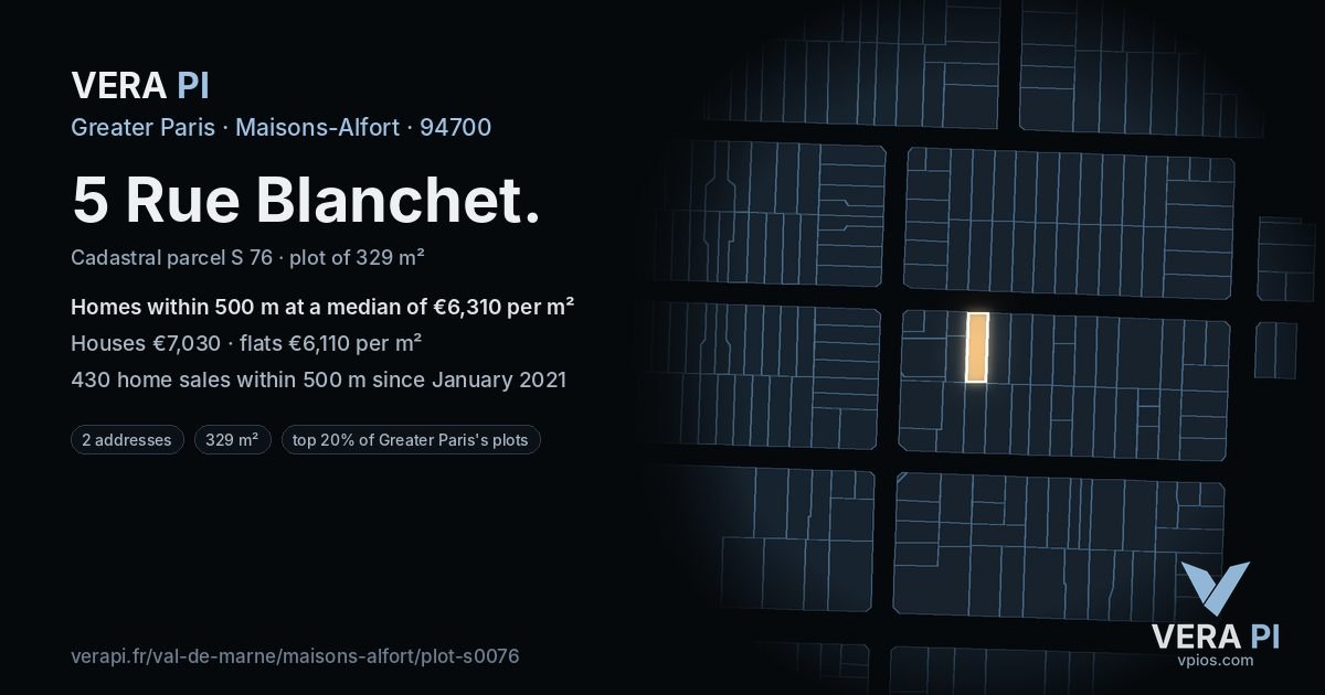 5 Rue Blanchet, Maisons-Alfort at night – the plot lit, the parcels around coloured by the prices near them
