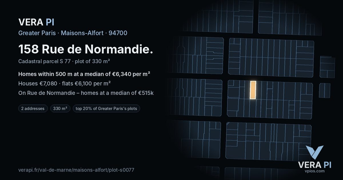 158 Rue de Normandie, Maisons-Alfort at night – the plot lit, the parcels around coloured by the prices near them