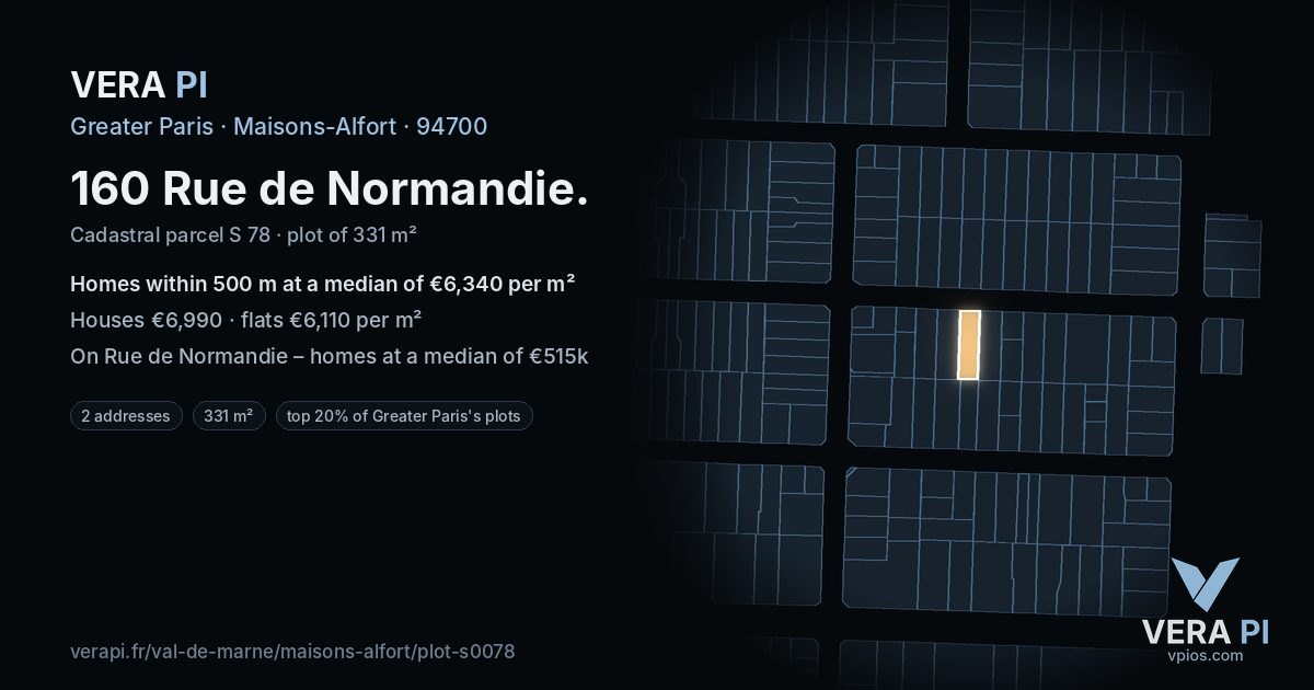 160 Rue de Normandie, Maisons-Alfort at night – the plot lit, the parcels around coloured by the prices near them