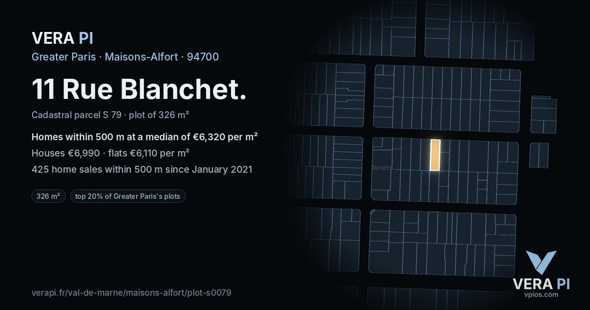11 Rue Blanchet, Maisons-Alfort at night – the plot lit, the parcels around coloured by the prices near them