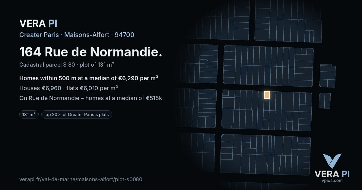 164 Rue de Normandie, Maisons-Alfort at night – the plot lit, the parcels around coloured by the prices near them