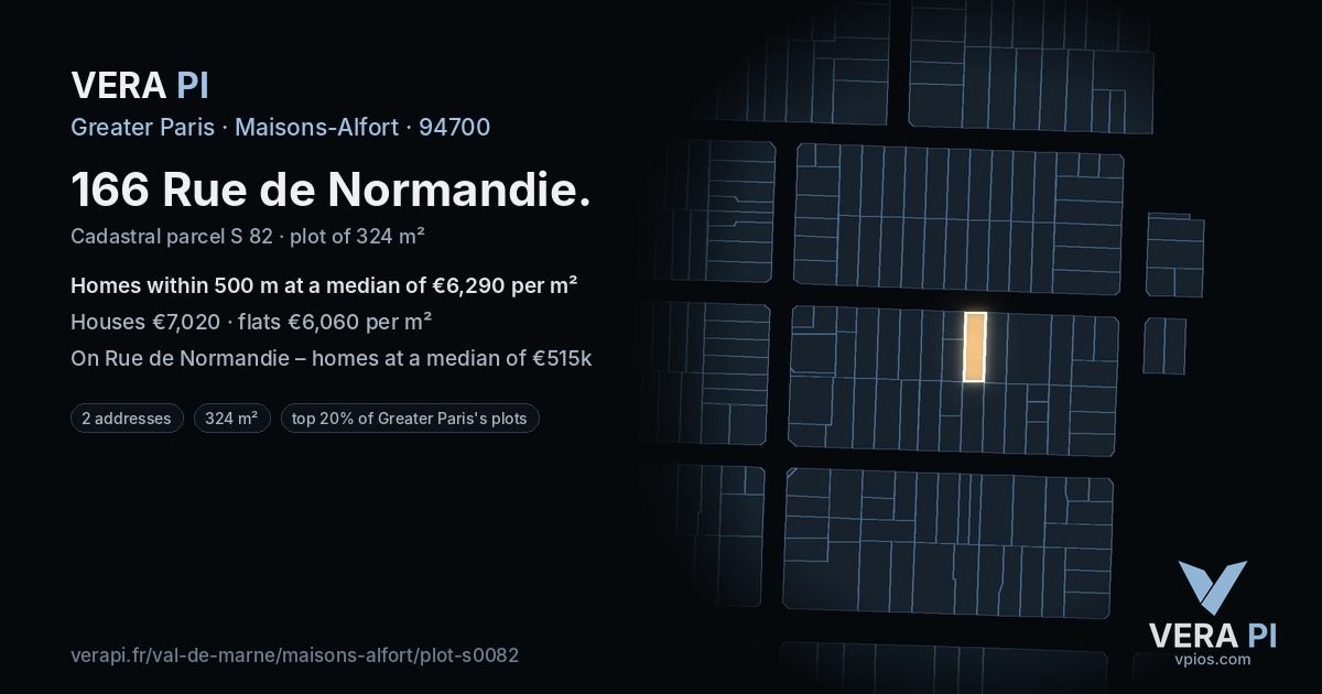 166 Rue de Normandie, Maisons-Alfort at night – the plot lit, the parcels around coloured by the prices near them