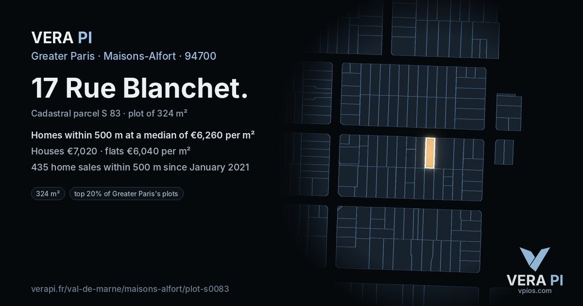 17 Rue Blanchet, Maisons-Alfort at night – the plot lit, the parcels around coloured by the prices near them