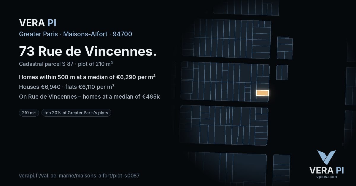 73 Rue de Vincennes, Maisons-Alfort at night – the plot lit, the parcels around coloured by the prices near them