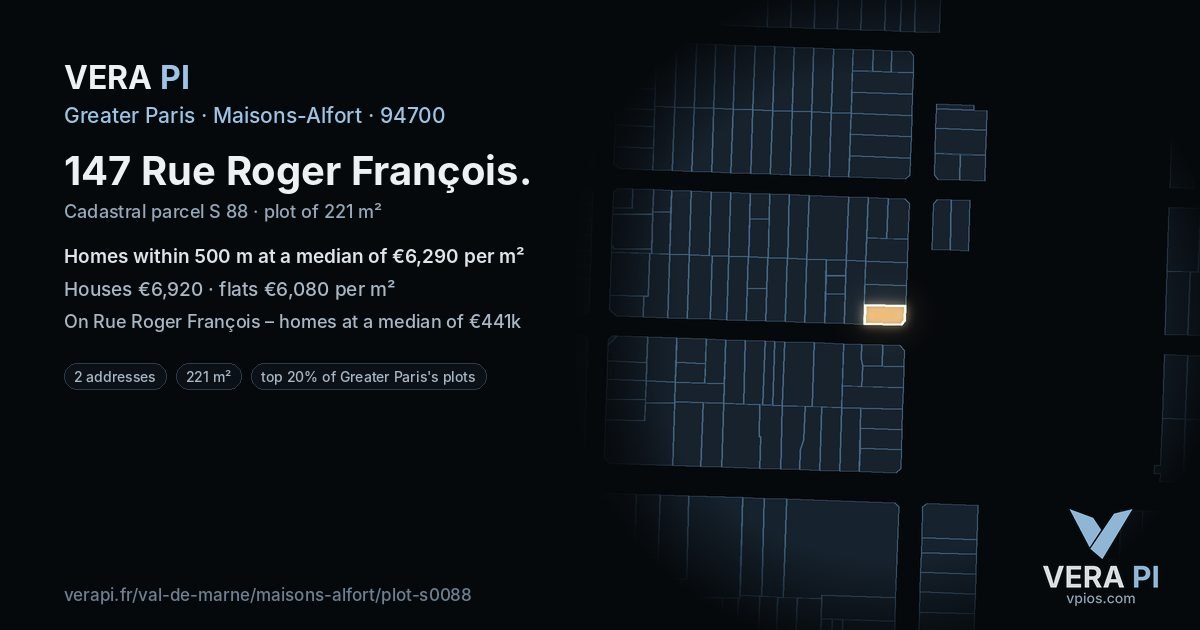 147 Rue Roger François, Maisons-Alfort at night – the plot lit, the parcels around coloured by the prices near them