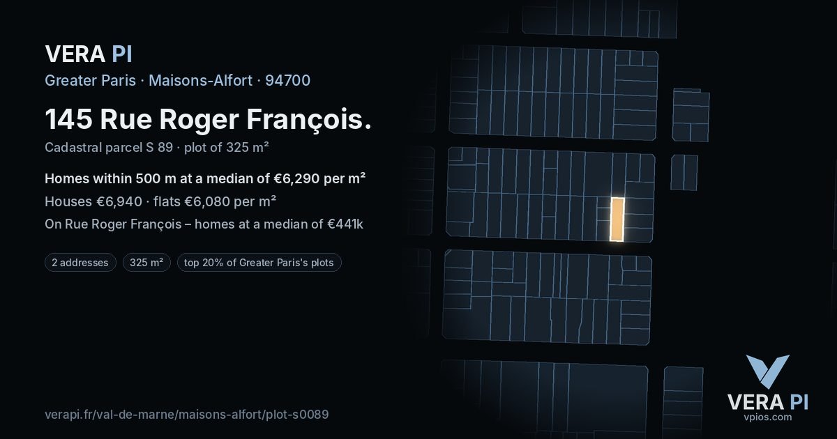 145 Rue Roger François, Maisons-Alfort at night – the plot lit, the parcels around coloured by the prices near them