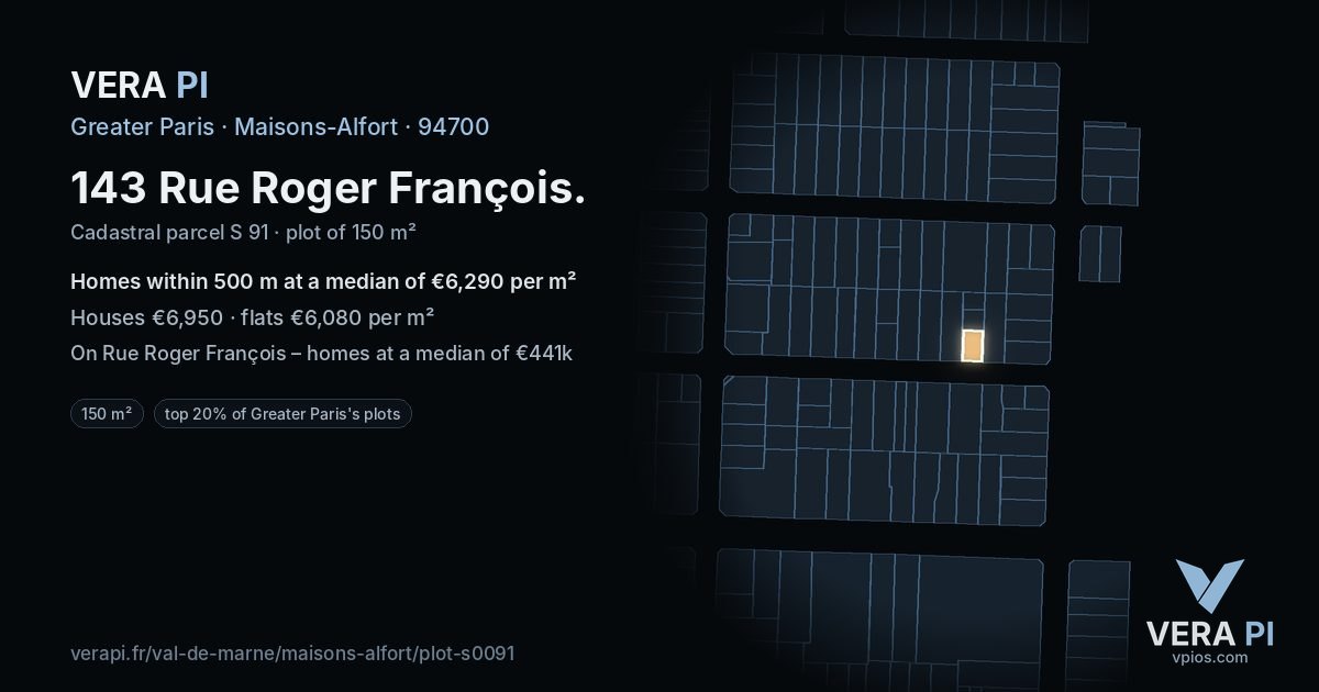 143 Rue Roger François, Maisons-Alfort at night – the plot lit, the parcels around coloured by the prices near them