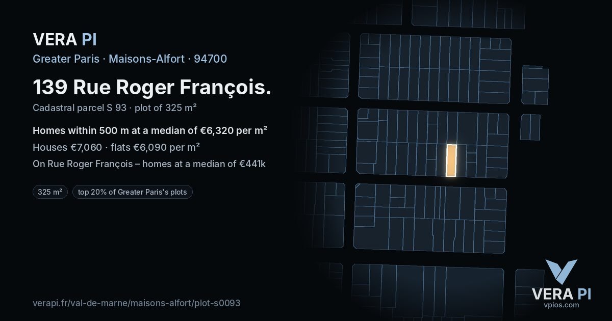 139 Rue Roger François, Maisons-Alfort at night – the plot lit, the parcels around coloured by the prices near them