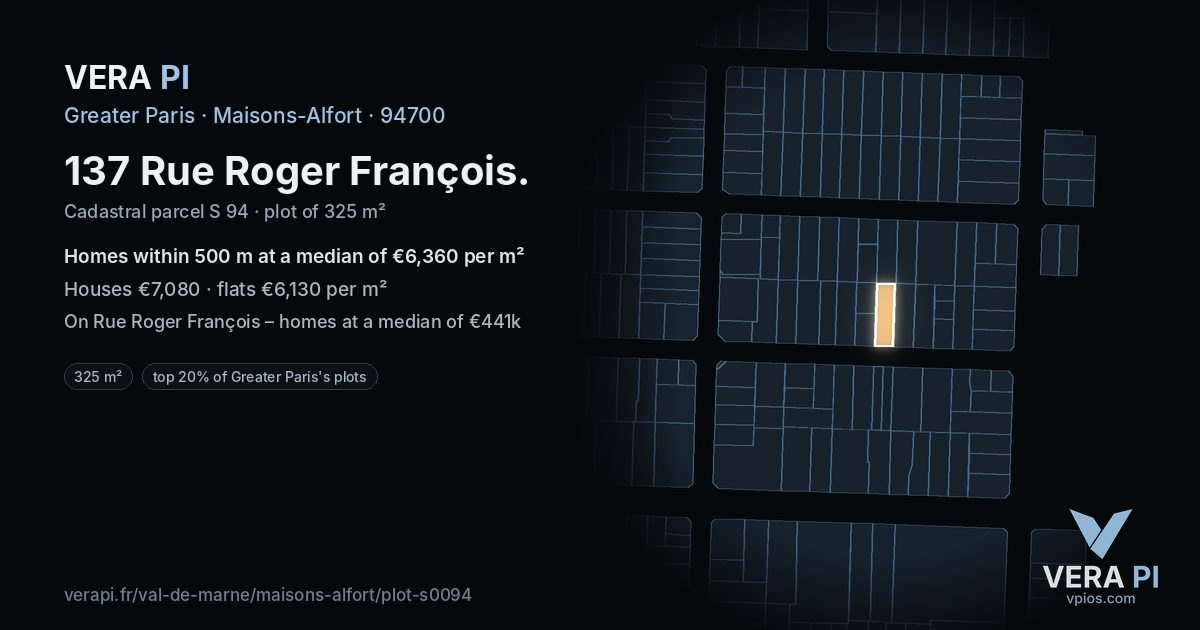 137 Rue Roger François, Maisons-Alfort at night – the plot lit, the parcels around coloured by the prices near them