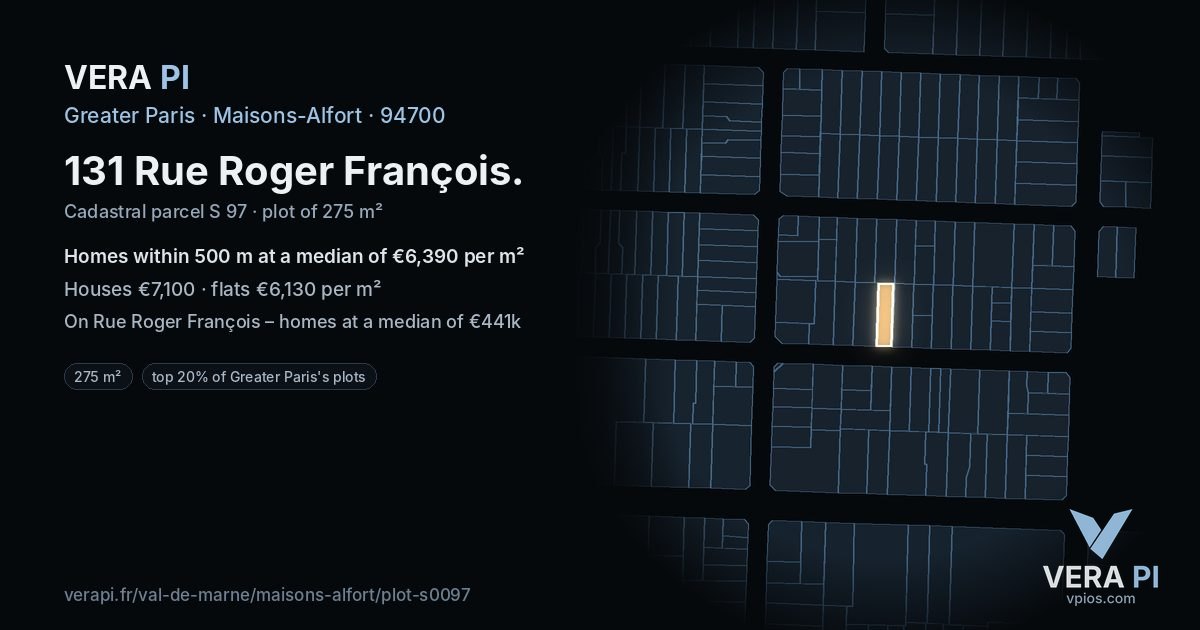 131 Rue Roger François, Maisons-Alfort at night – the plot lit, the parcels around coloured by the prices near them
