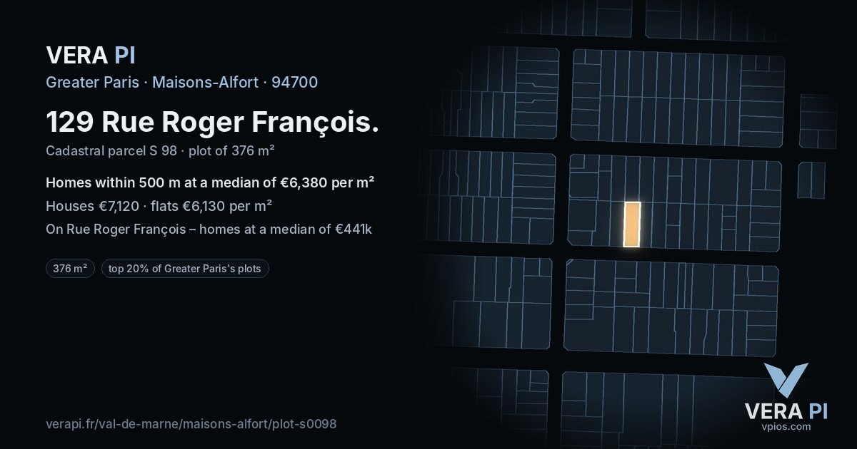 129 Rue Roger François, Maisons-Alfort at night – the plot lit, the parcels around coloured by the prices near them