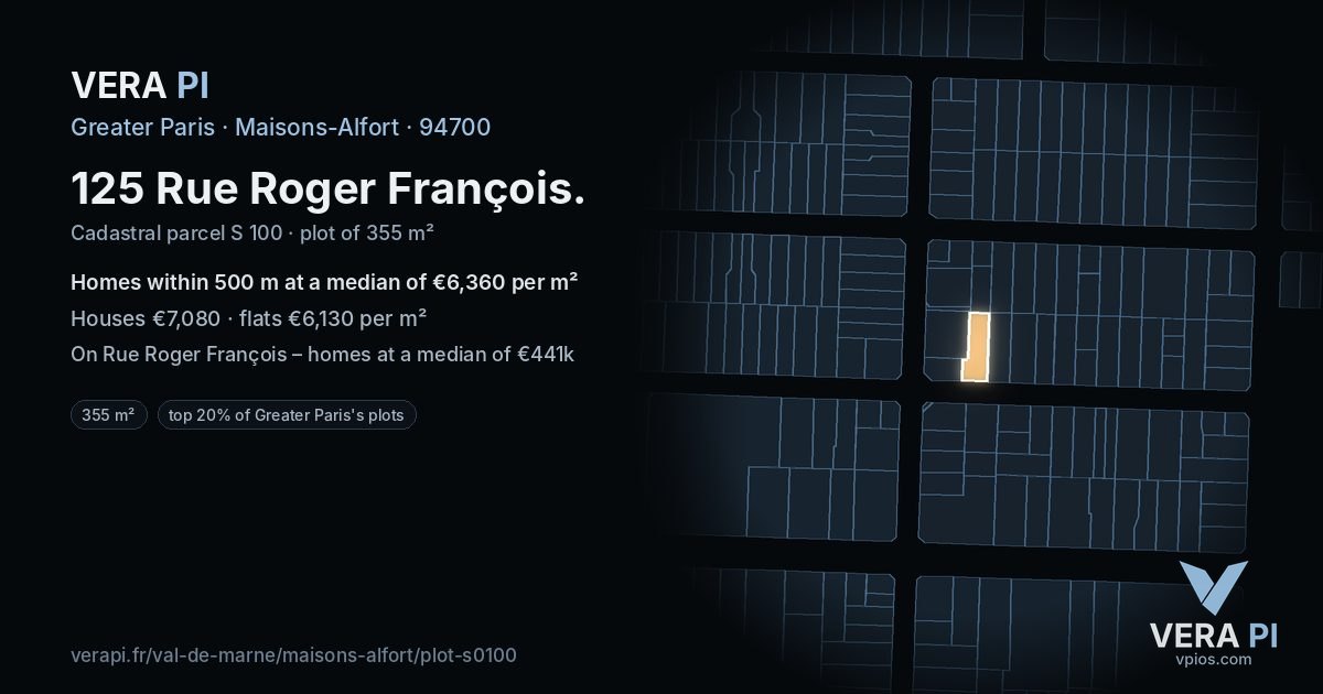 125 Rue Roger François, Maisons-Alfort at night – the plot lit, the parcels around coloured by the prices near them