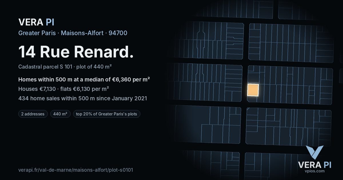 14 Rue Renard, Maisons-Alfort at night – the plot lit, the parcels around coloured by the prices near them