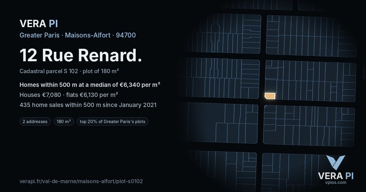 12 Rue Renard, Maisons-Alfort at night – the plot lit, the parcels around coloured by the prices near them