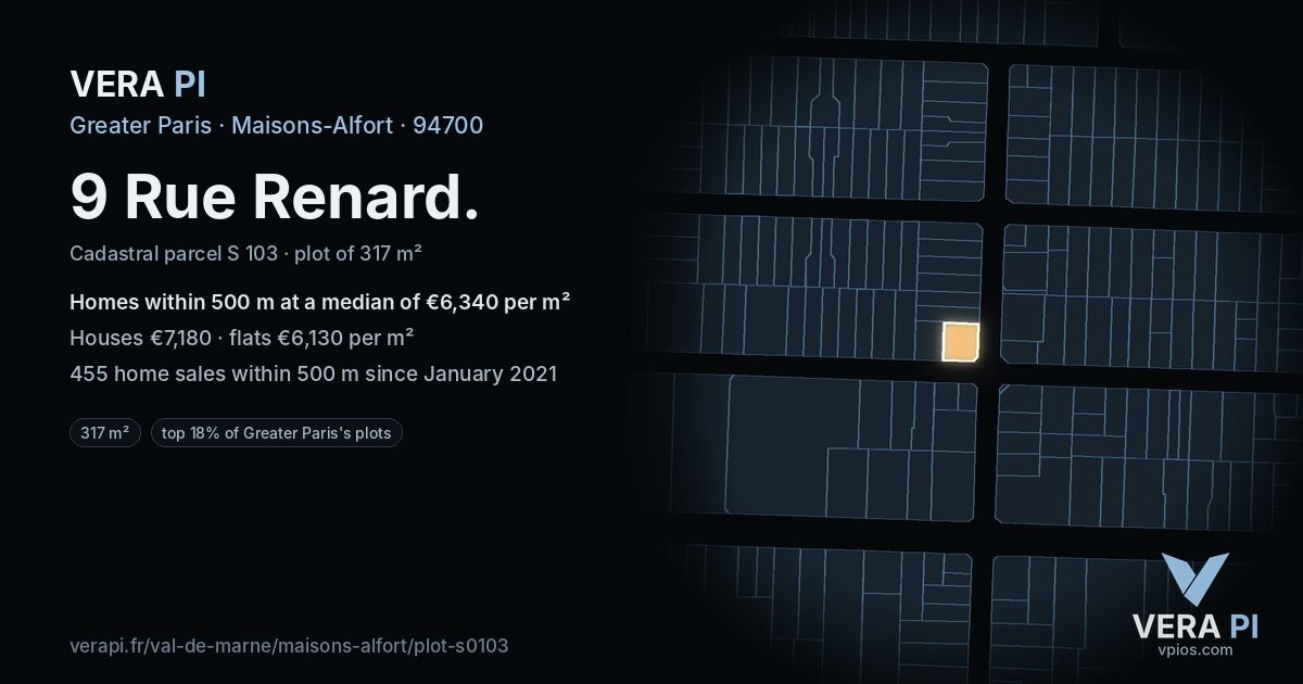 9 Rue Renard, Maisons-Alfort at night – the plot lit, the parcels around coloured by the prices near them