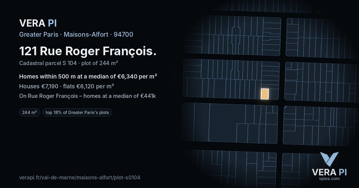 121 Rue Roger François, Maisons-Alfort at night – the plot lit, the parcels around coloured by the prices near them
