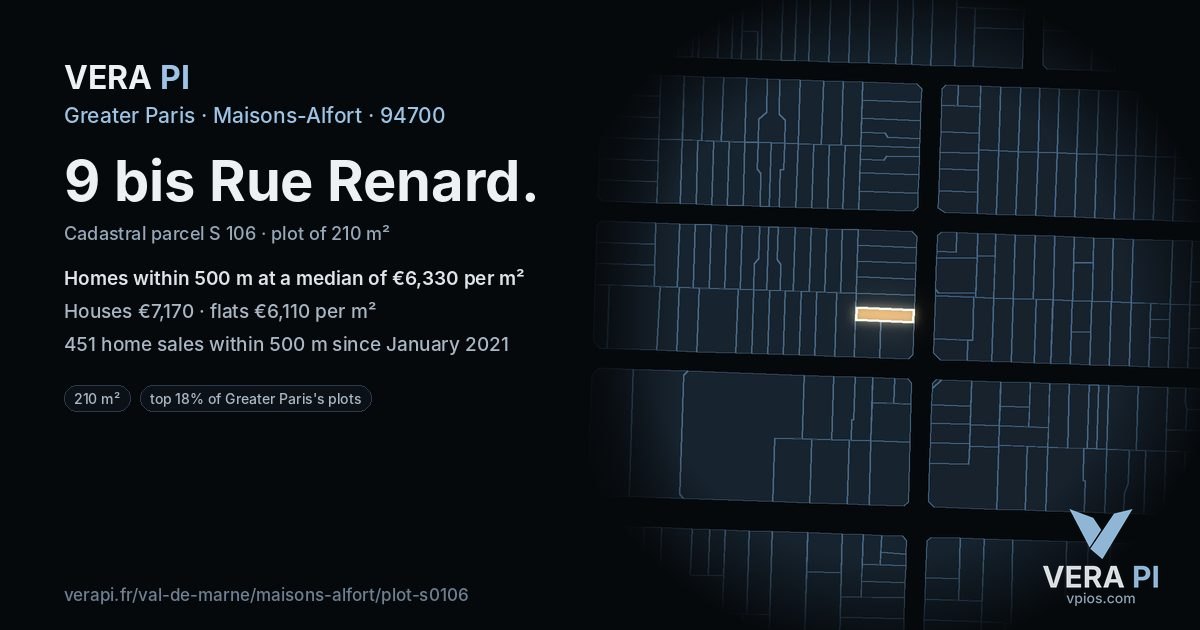 9 bis Rue Renard, Maisons-Alfort at night – the plot lit, the parcels around coloured by the prices near them