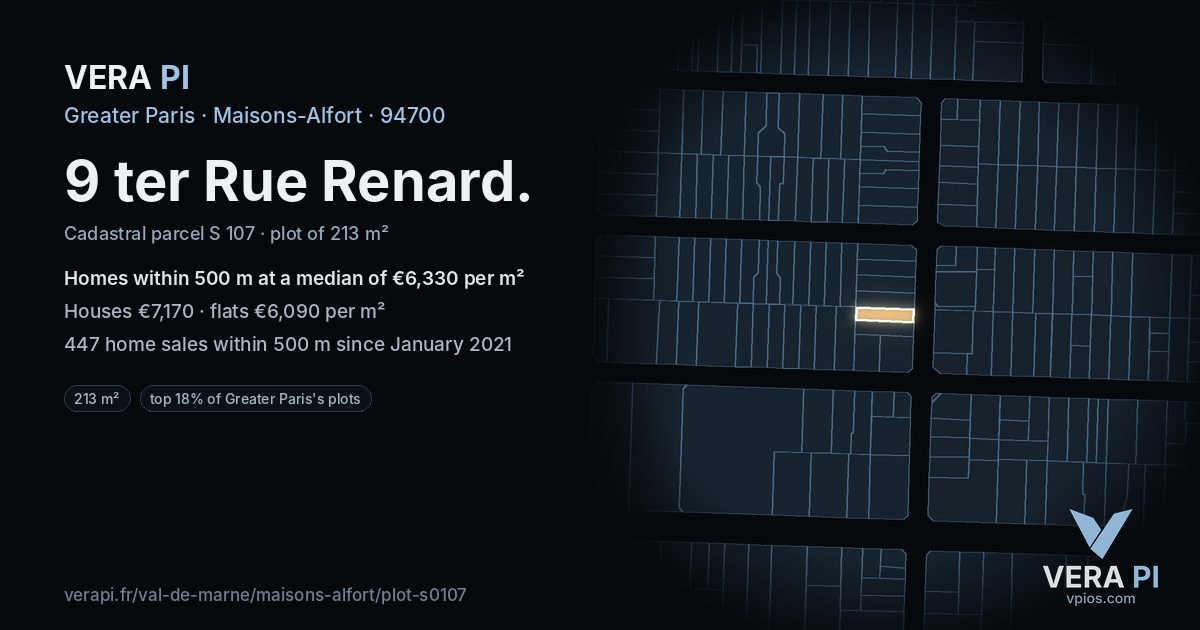 9 ter Rue Renard, Maisons-Alfort at night – the plot lit, the parcels around coloured by the prices near them