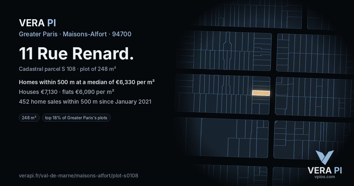 11 Rue Renard, Maisons-Alfort at night – the plot lit, the parcels around coloured by the prices near them
