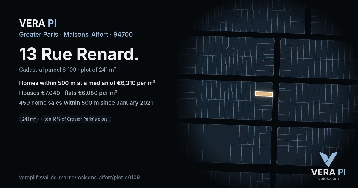 13 Rue Renard, Maisons-Alfort at night – the plot lit, the parcels around coloured by the prices near them