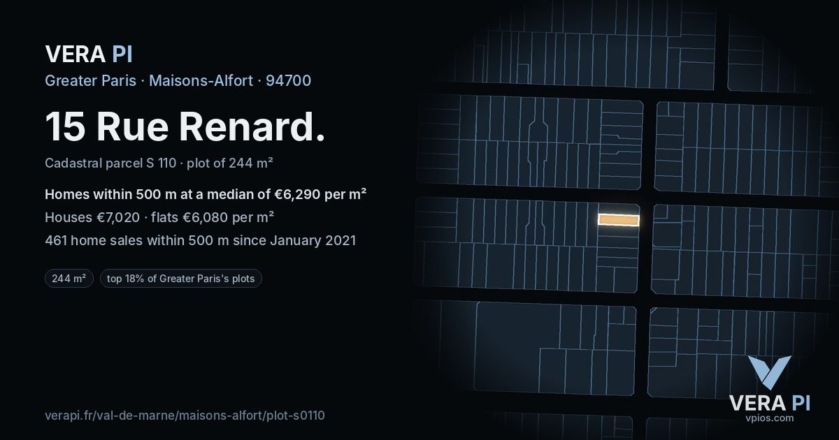 15 Rue Renard, Maisons-Alfort at night – the plot lit, the parcels around coloured by the prices near them