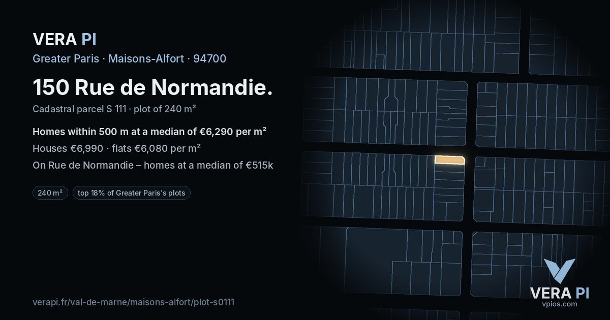 150 Rue de Normandie, Maisons-Alfort at night – the plot lit, the parcels around coloured by the prices near them