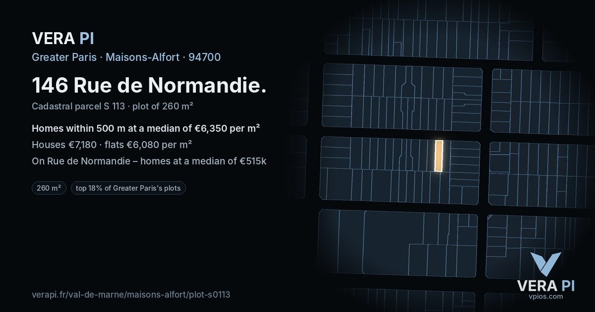 146 Rue de Normandie, Maisons-Alfort at night – the plot lit, the parcels around coloured by the prices near them