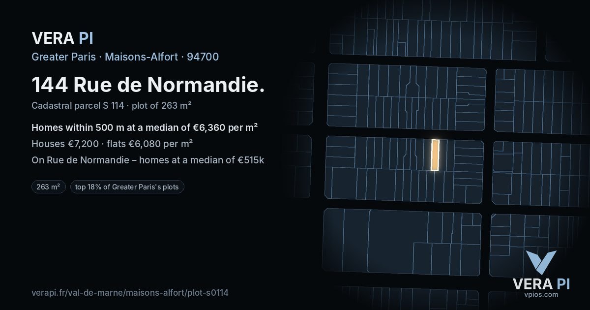 144 Rue de Normandie, Maisons-Alfort at night – the plot lit, the parcels around coloured by the prices near them