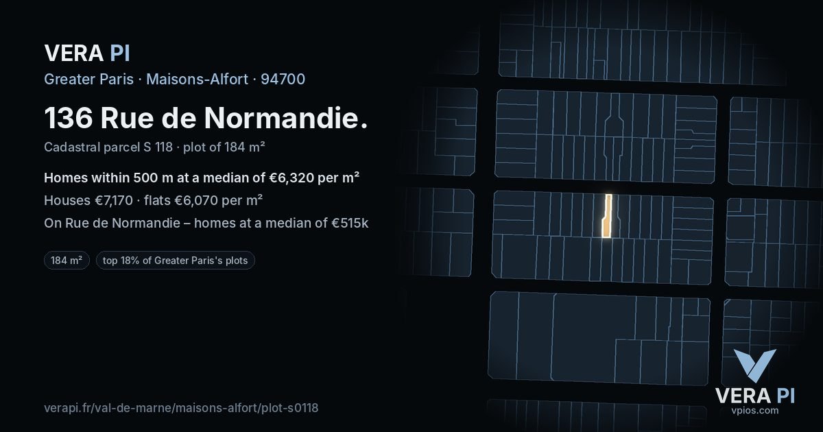 136 Rue de Normandie, Maisons-Alfort at night – the plot lit, the parcels around coloured by the prices near them