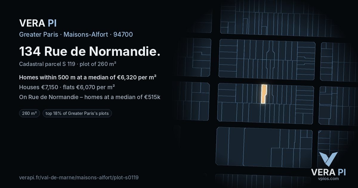 134 Rue de Normandie, Maisons-Alfort at night – the plot lit, the parcels around coloured by the prices near them