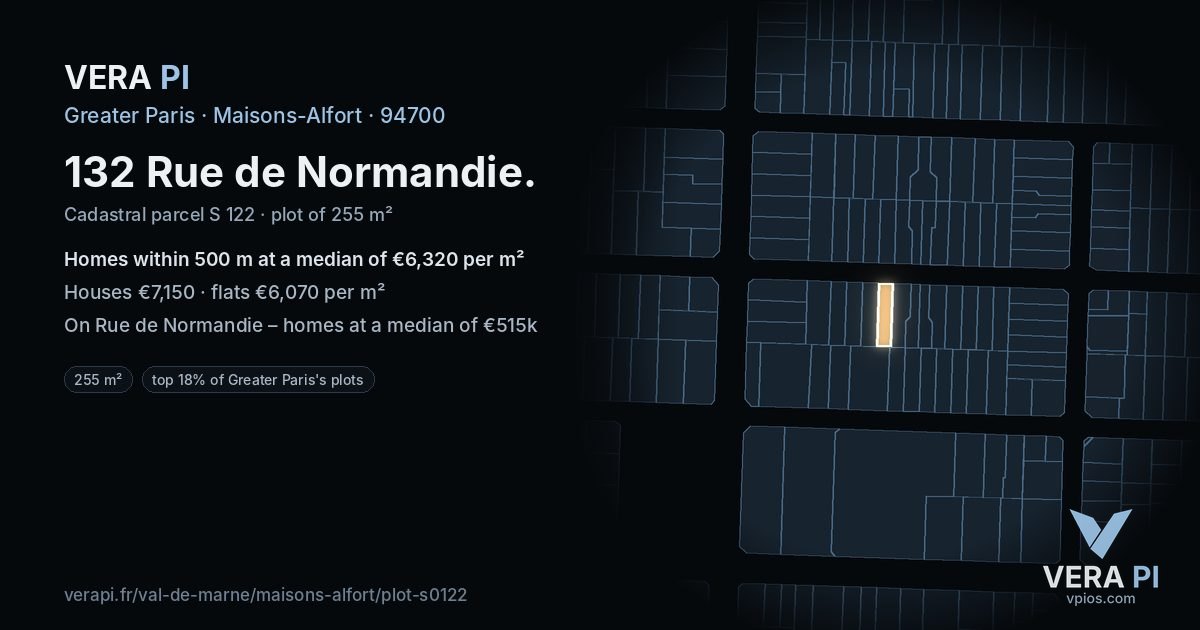 132 Rue de Normandie, Maisons-Alfort at night – the plot lit, the parcels around coloured by the prices near them