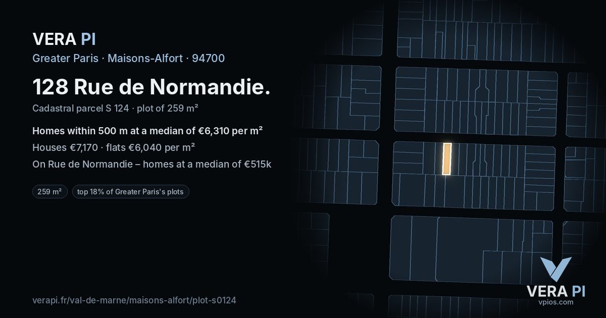 128 Rue de Normandie, Maisons-Alfort at night – the plot lit, the parcels around coloured by the prices near them