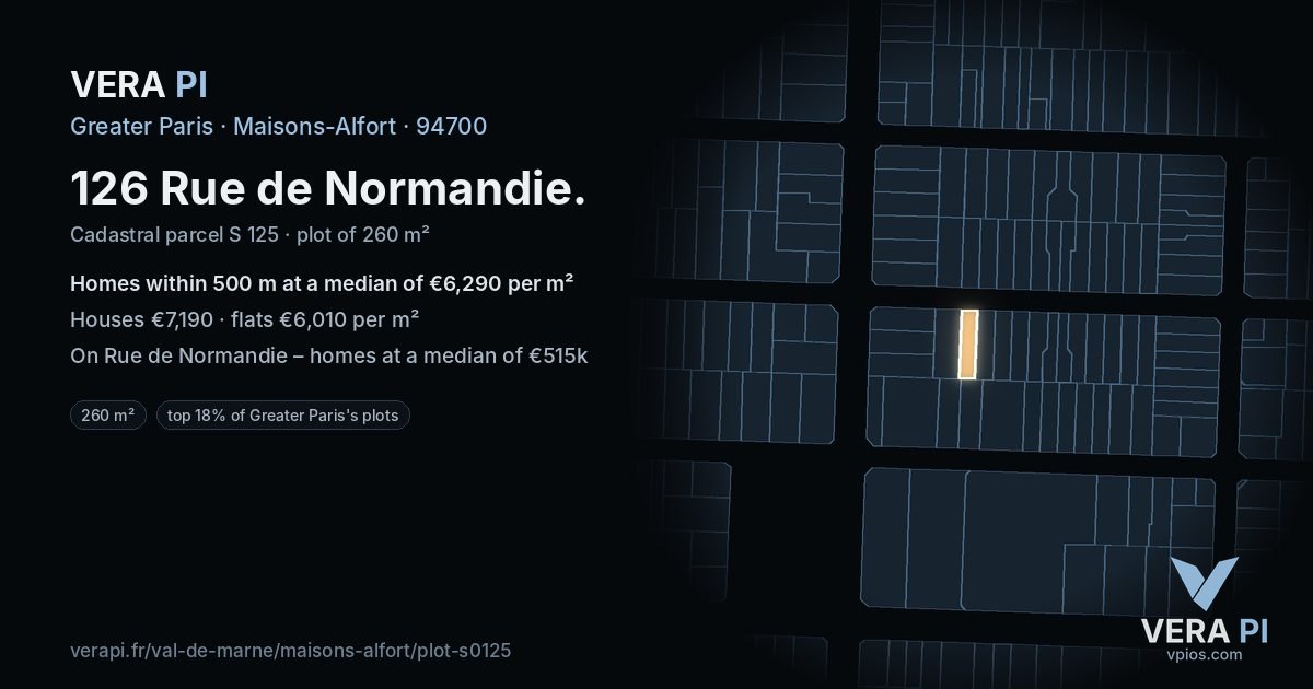 126 Rue de Normandie, Maisons-Alfort at night – the plot lit, the parcels around coloured by the prices near them