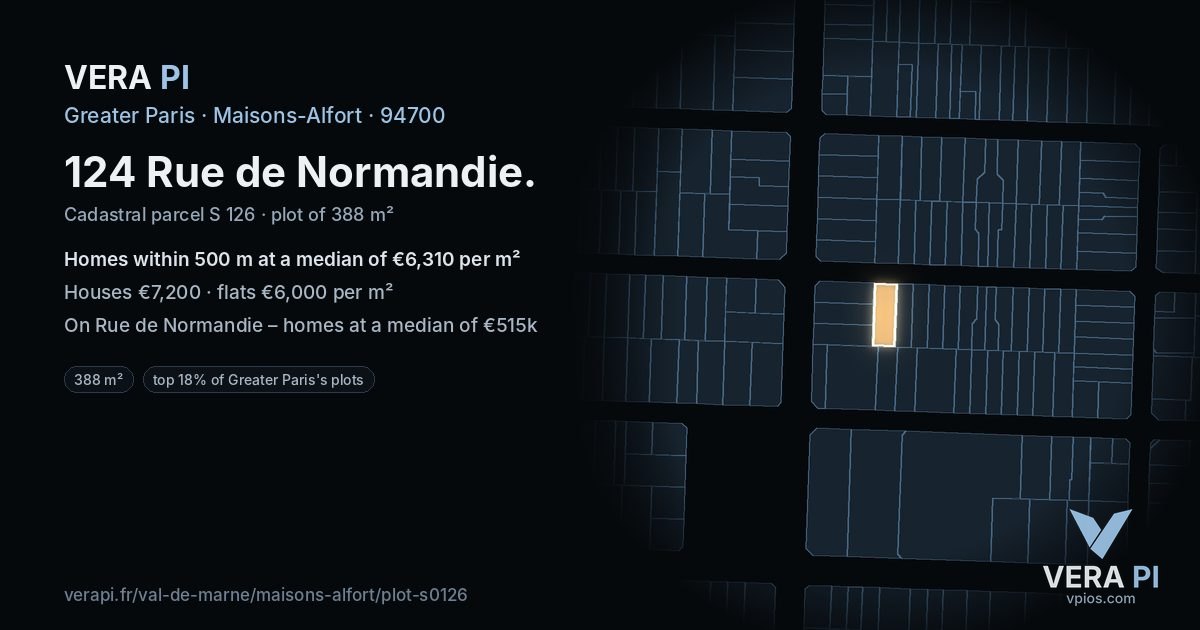 124 Rue de Normandie, Maisons-Alfort at night – the plot lit, the parcels around coloured by the prices near them