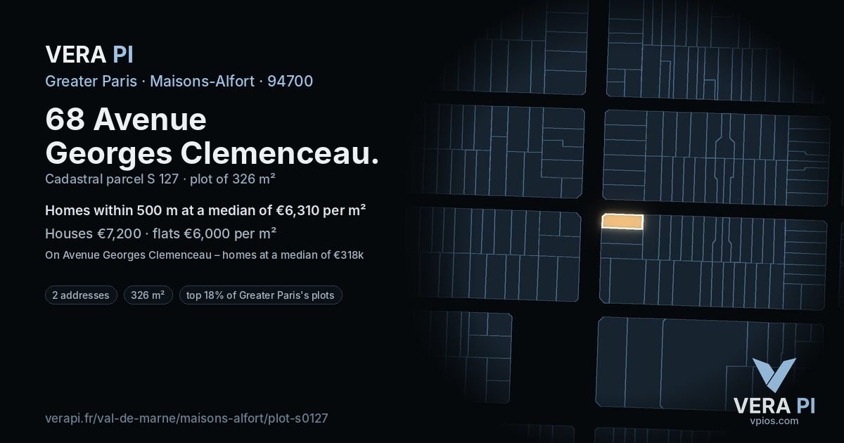 68 Avenue Georges Clemenceau, Maisons-Alfort at night – the plot lit, the parcels around coloured by the prices near them