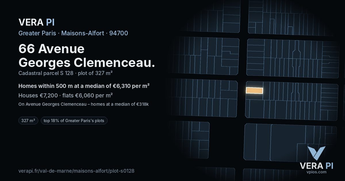 66 Avenue Georges Clemenceau, Maisons-Alfort at night – the plot lit, the parcels around coloured by the prices near them