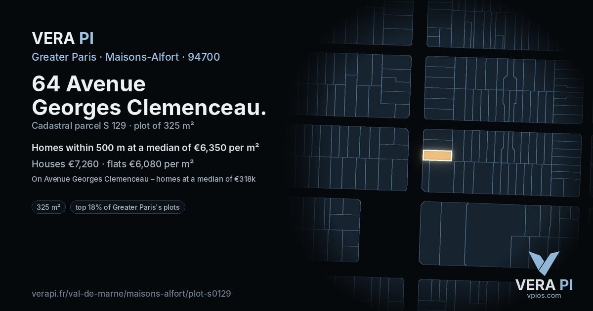 64 Avenue Georges Clemenceau, Maisons-Alfort at night – the plot lit, the parcels around coloured by the prices near them