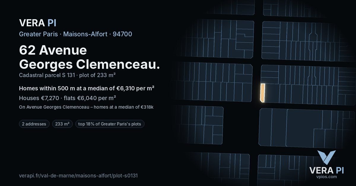 62 Avenue Georges Clemenceau, Maisons-Alfort at night – the plot lit, the parcels around coloured by the prices near them