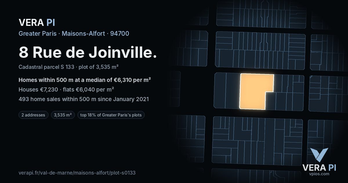8 Rue de Joinville, Maisons-Alfort at night – the plot lit, the parcels around coloured by the prices near them