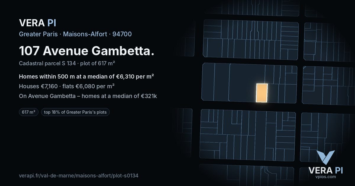 107 Avenue Gambetta, Maisons-Alfort at night – the plot lit, the parcels around coloured by the prices near them